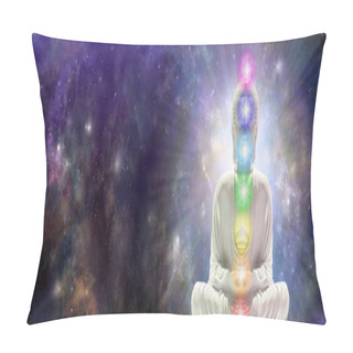 Personality  Meditating Chakra Buddha Sitting In Lotus Position Surrounded By  Deep Space - Buddha On Right Side With Seven Chakras Against A Starry Dark Blue Celestial Sky With A Massive Nebula And Copy Space For Text  Pillow Covers