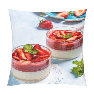 Personality  Traditional Italian Dessert Vanilla Strawberry Panna Cotta. Vertical Image. Top View. Place For Text. Pillow Covers