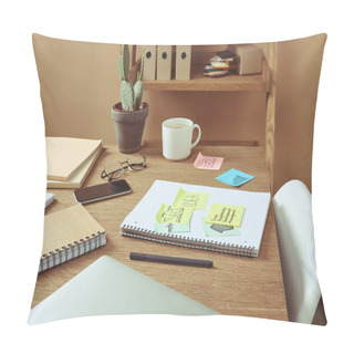 Personality  Paper Stickers With Business Strategy, Laptop And Coffee Cup On Table At Home Pillow Covers