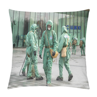 Personality  Medical Workers In Bio Viral Hazard Protective Suits Disinfects Street From Coronavirus COVID-19. Antibacterial Sanitary Measures On Quarantine. Pillow Covers
