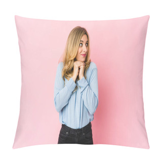 Personality  Young Caucasian Blonde Woman Showing Fist To Camera, Aggressive Facial Expression. Pillow Covers