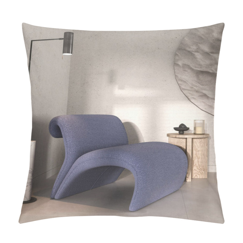 Personality  Modern gray livingroom with blue armchair and sun background. Dark modern nature view. 3d rendering. High quality 3d illustration. pillow covers