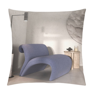 Personality  Modern Gray Livingroom With Blue Armchair And Sun Background. Dark Modern Nature View. 3d Rendering. High Quality 3d Illustration. Pillow Covers