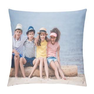 Personality  Multiethnic Children Sitting At Seaside Pillow Covers