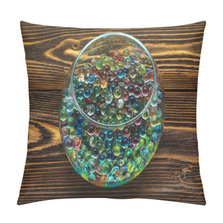 Personality  Colored Hydrogel Balls In A Glass Vase On Old Wooden Table Pillow Covers