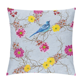 Personality  Pattern, Seamless. Old Style. Weaving From Twigs. Autumn Flowers. Red And Yellow Chrysanthemums. Floral Background. A Rough Cloth, Canvas. Little Blue Bird. Pillow Covers