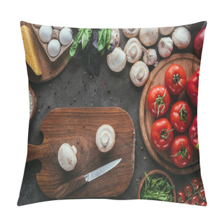Personality  Top View Of Different Raw Ingredients For Pizza And Knife On Concrete Surface Pillow Covers