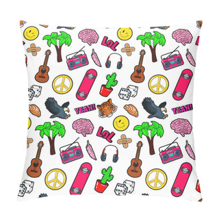 Personality  Fashion Seamless Comic Style Background With Brain, Lol, Cactus, Guitar And Palm. Vector Retro Pattern Pillow Covers