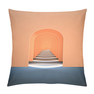 Personality  3d Surreal Render. Abstract Arch Tunnel Peach Pastel Vertical Background. Peach Fuzz Color Of The Year 2024 Concept Rendering. Surrealistic Interior 3d Illustration. Pillow Covers