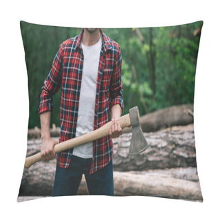 Personality  Cropped View Of Lumberman In Plaid Shirt Holding Axe In Forest Pillow Covers