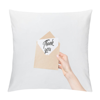 Personality  Partial View Of Woman Holding Kraft Envelope With Thank You Card Isolated On White Pillow Covers
