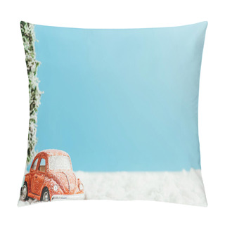 Personality  Close-up Shot Of Toy Car With Gifts And Christmas Tree Standing On Snow Made Of Cotton On Blue Background Pillow Covers