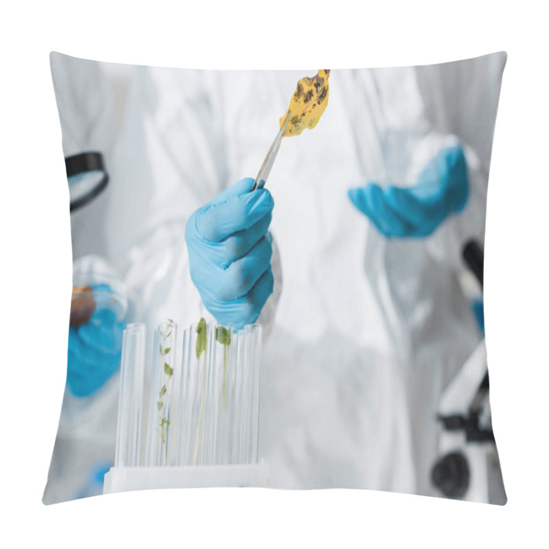 Personality  Selective Focus Of Biologist Holding Leaf With Tweezers In Lab  Pillow Covers