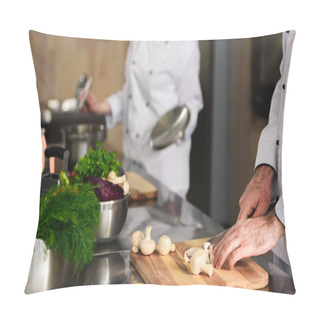 Personality  Close-up View Of Professional Team Of Cooks Preparing Ingredients On Kitchen Pillow Covers
