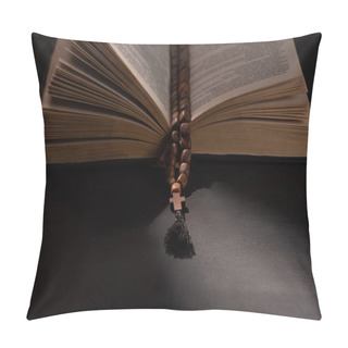 Personality  Holy Bible With Rosary On Black Dark Background With Sunlight  Pillow Covers