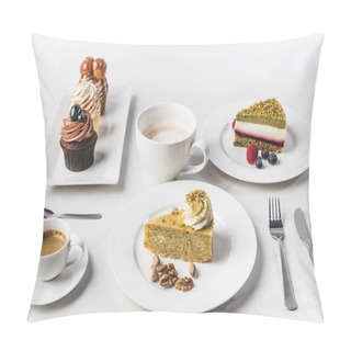 Personality  Close Up View Of Arrangement Of Pieces Of Various Cakes On Plates, Cups Of Coffee And Cupcakes Isolated On White Pillow Covers