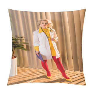 Personality  Beautiful Retro Styled Doctor In Colorful Dress Standing With Clipboard In Clinic Pillow Covers