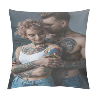 Personality  Tender Tattooed Couple Embracing In Bedroom At Home Pillow Covers