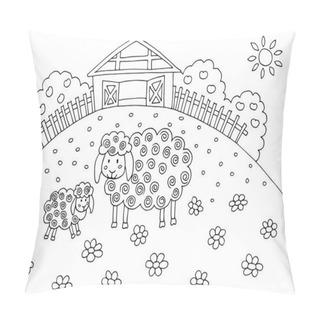 Personality  Doodle Hand Drawing Coloring Book With Sheep, Field And Barn In The Village, For Children And Adults Pillow Covers