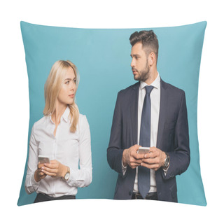 Personality  Young Businesswoman And Businessman Looking At Each Other While Holding Smartphones On Blue Background Pillow Covers