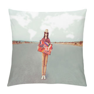 Personality  Smiling Traveler Girl Holding Suitcase Pillow Covers