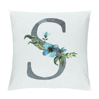 Personality  Letter S Watercolor Floral Background In Blue Theme Pillow Covers