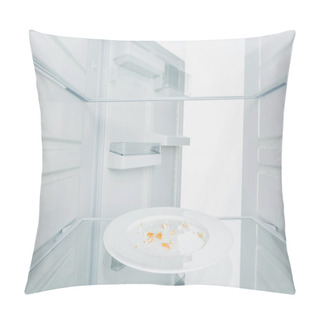 Personality  Plate With Crumbs In Refrigerator With Open Door Isolated On White Pillow Covers