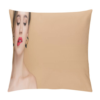 Personality  Sensual Woman With Naked Shoulders Biting Lip Isolated On Beige, Banner Pillow Covers