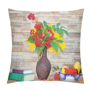 Personality  Autumn Still Life: Berries And Autumn Leaves In A Ceramic Vase. Pillow Covers