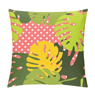 Personality  Tile Tropical Vector Pattern With Exotic Leaves On Polka Dots Pink Background Pillow Covers