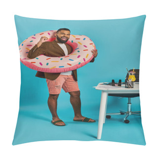 Personality  A Man Playfully Holds A Giant Donut In Front Of His Face, Creating A Whimsical And Amusing Sight. The Colorful Donut Contrasts With His Expression. Pillow Covers
