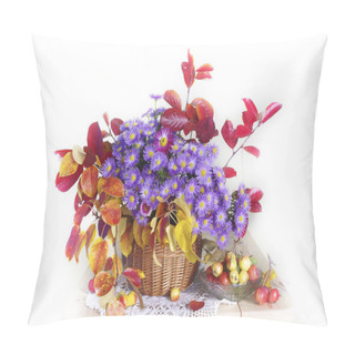 Personality  Bouquet With Autumn Leaves And Blue Flowers On A White Background Pillow Covers