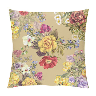 Personality  Watercolor Different Bouquets. Floral Seamless Pattern On A Ochre Background. Pillow Covers