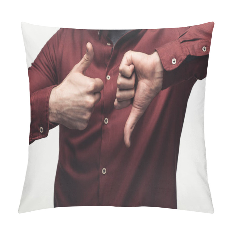 Personality  Partial View Of Man Showing Thumb Up And Thumb Down Isolated On Grey, Human Emotion And Expression Concept Pillow Covers