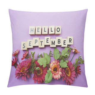 Personality  Hello September Alphabet Letters With Pink Flower Decoration On Purple Background Pillow Covers