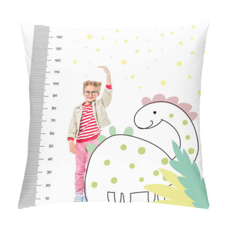 Personality  Smiling Child Standing On Pile Of Books To Be Higher Isolated On White With Imaginary Dinosaur And Growth Measures Pillow Covers