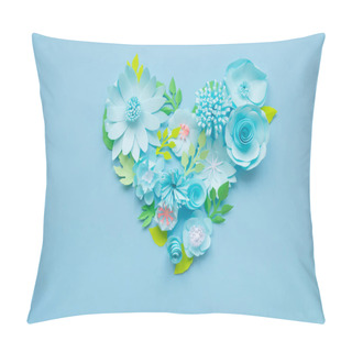 Personality  Heart From Blue Paper Flowers With Green Leaves On Blue Background. Cut From Paper. Pillow Covers