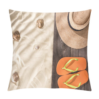 Personality  Top View Of Orange Flip Flops And Straw Hat With Black Ribbon On Wooden Board And Sand With Seashells And Copy Space Pillow Covers