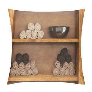 Personality  Close-up View Of Empty Metal Bowl And Rolled Towels On Wooden Shelves Pillow Covers