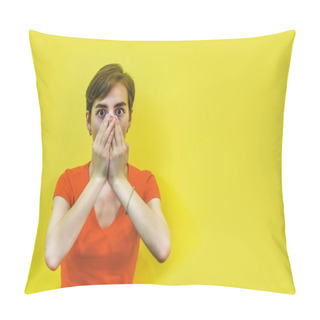 Personality  A Young Woman With Short Hair Covered Her Mouth With Her Hands. Isolated On A Yellow Background. Keep It Secret. Space For Text. Concept: Silence, No Talking, I Won't Say Anything. Selective Focus Pillow Covers