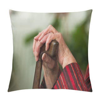 Personality  Handicapped Elderly Woman With A Walking Cane Pillow Covers