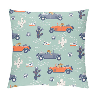 Personality  Vector Seamless Pattern With Dogs On Cars In Desert. Pillow Covers