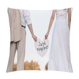 Personality  Cropped Shot Of Young Wedding Couple Holding Heart With Just Married Inscription  Pillow Covers