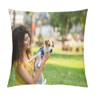 Personality  Selective Focus Of Young Woman On Grass With Dog In American Flag Bandana Pillow Covers