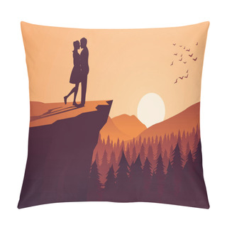 Personality  Couple Hug Together Near Cliff And Close To A Pine Forest,silhouette Style,vector Illustration Pillow Covers