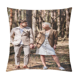 Personality  Front View Of Man And Woman Looking At Each Other And Holding Hands In Forest Pillow Covers