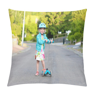 Personality  Preschooler Girl Riding Scooter On The Street Pillow Covers