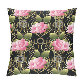 Personality  Pink Roses Vector Seamless Pattern. Abstract Geometric Greek Pillow Covers