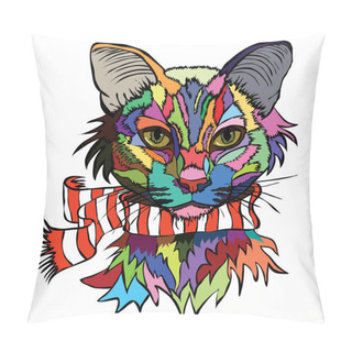 Personality  Vector Illustration. Pop Art Portrait Of A Cat In A Warm Scarf. Pillow Covers