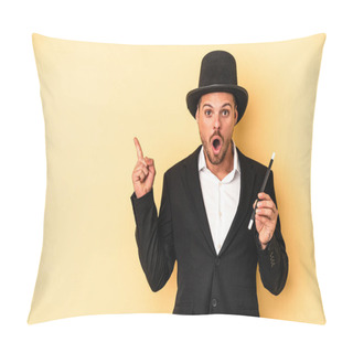 Personality  Young Caucasian Wizard Holding Wand Isolated On Yellow Background Pointing To The Side Pillow Covers